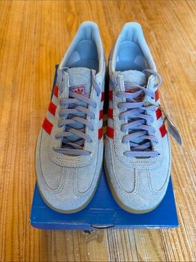 adidas Women’s Light Gray Suede Sneakers with Red Stripes